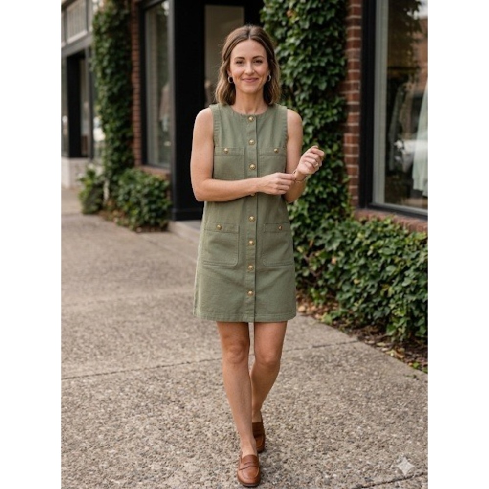 Entro Sage Green Utility Shift Dress NWT Women's Size Small Gold Buttons